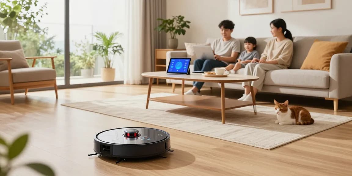 Best robot vacuum 2026 navigating a modern living room while a family relaxes, showing integration of smart technology into daily life.