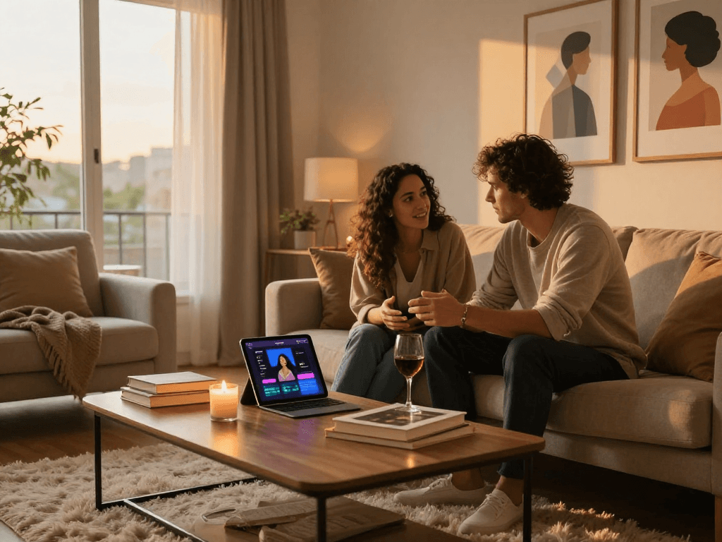 Couple using a sex AI app together in a cozy, romantic living room setting.