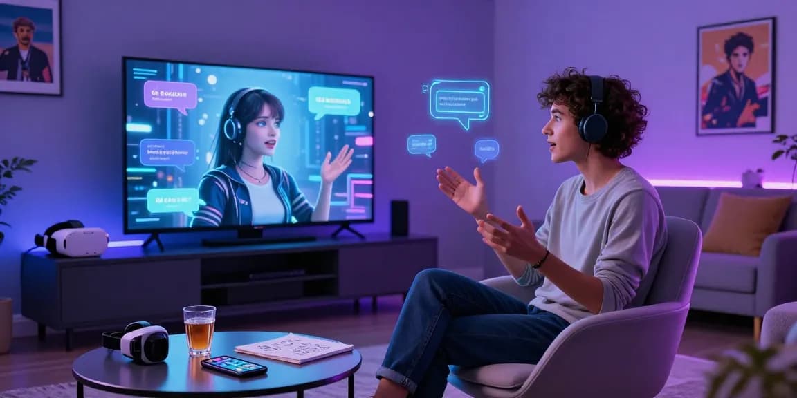 Engaging NSFW AI chat scene showcasing a lifelike digital companion in a vibrant virtual lounge setting.
