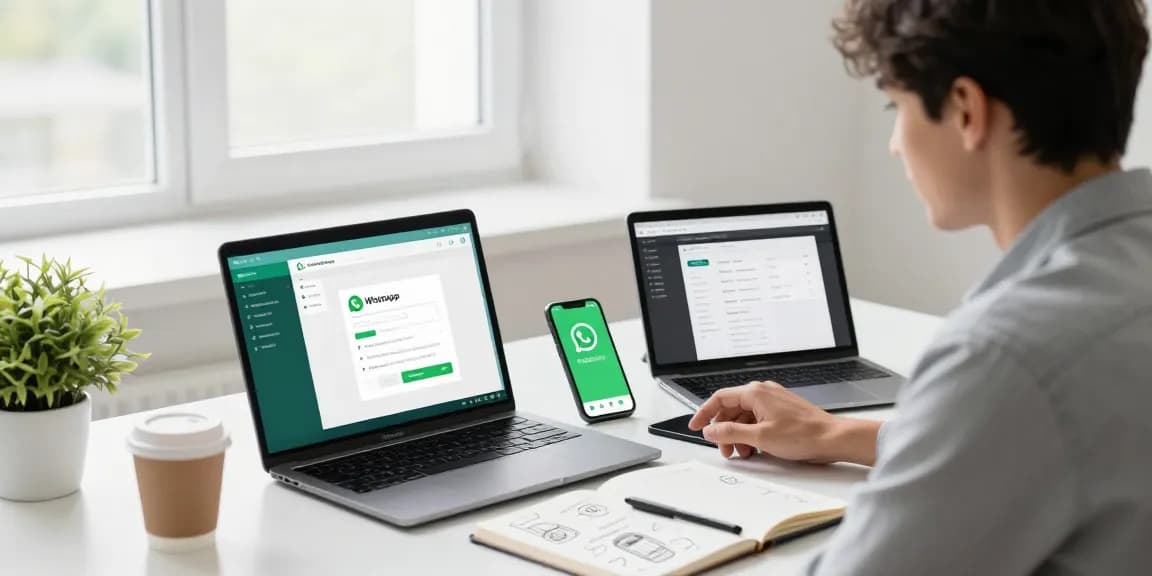 Modern workspace showing WhatsApp下載 on a laptop screen with devices and a bright atmosphere.
