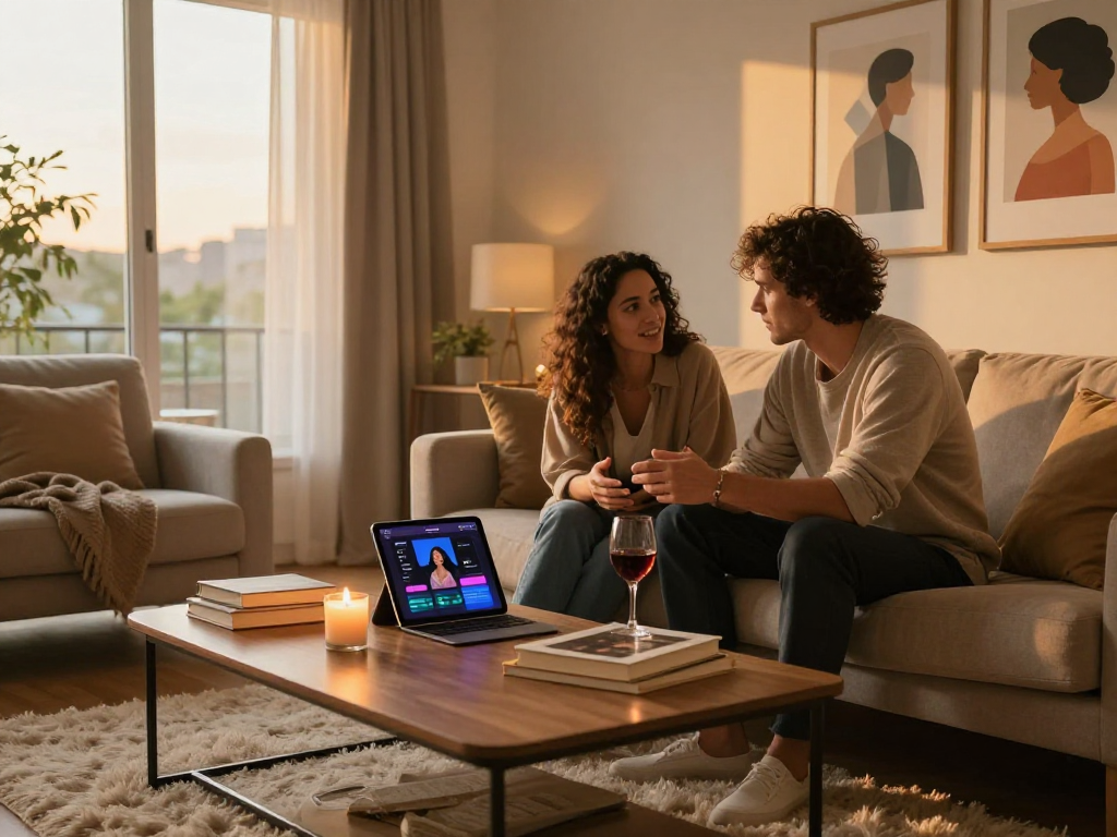 Couple using a sex AI app together in a cozy, romantic living room setting.