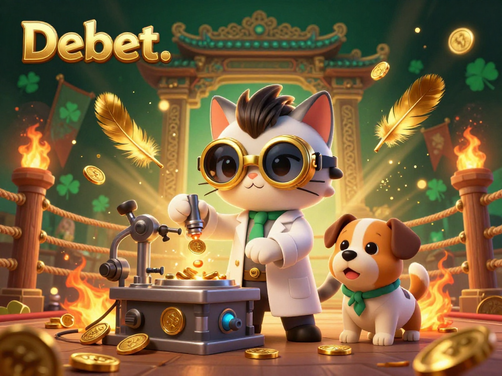 Experience thrilling wins at Debet's vibrant gaming atmosphere with mad scientist cat and loyal dog creating fun!