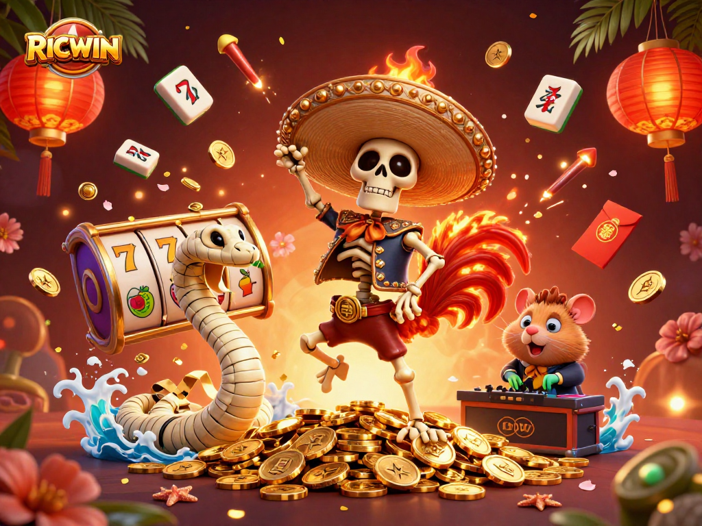 Engage with RICWIN in this vivid 3D illustration showcasing vibrant casino action.