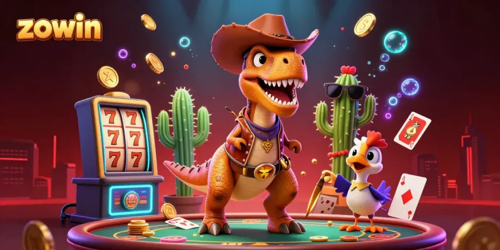 Zowin casino scene showcasing a T-Rex dinosaur cowboy, cactus sidekick, and roadrunner with slot machines and money raining down.