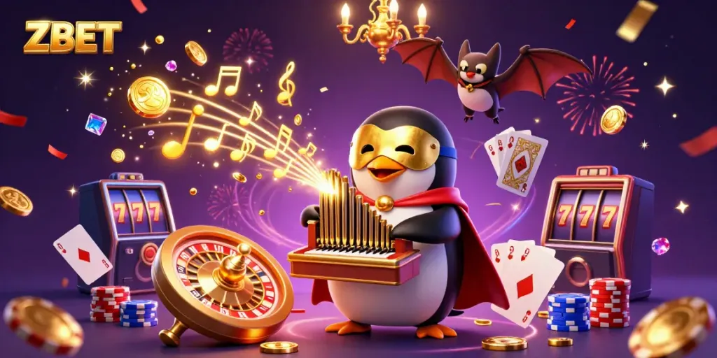 Experience the thrill of ZBET with a dazzling casino scene featuring a masked penguin at the organ.