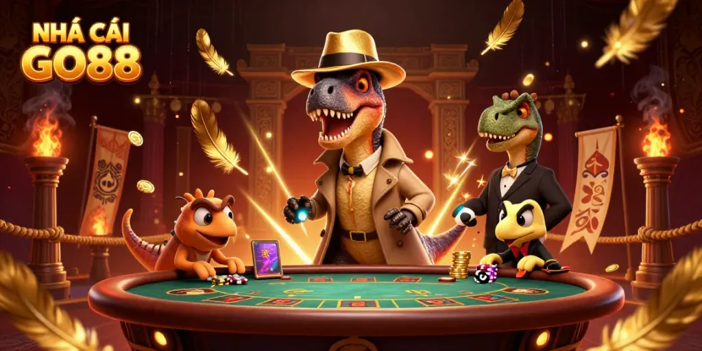 Engage with the NHÀ CÁI GO88 experience vividly at a blackjack table, featuring a velociraptor card counter and a suspicious pit boss.