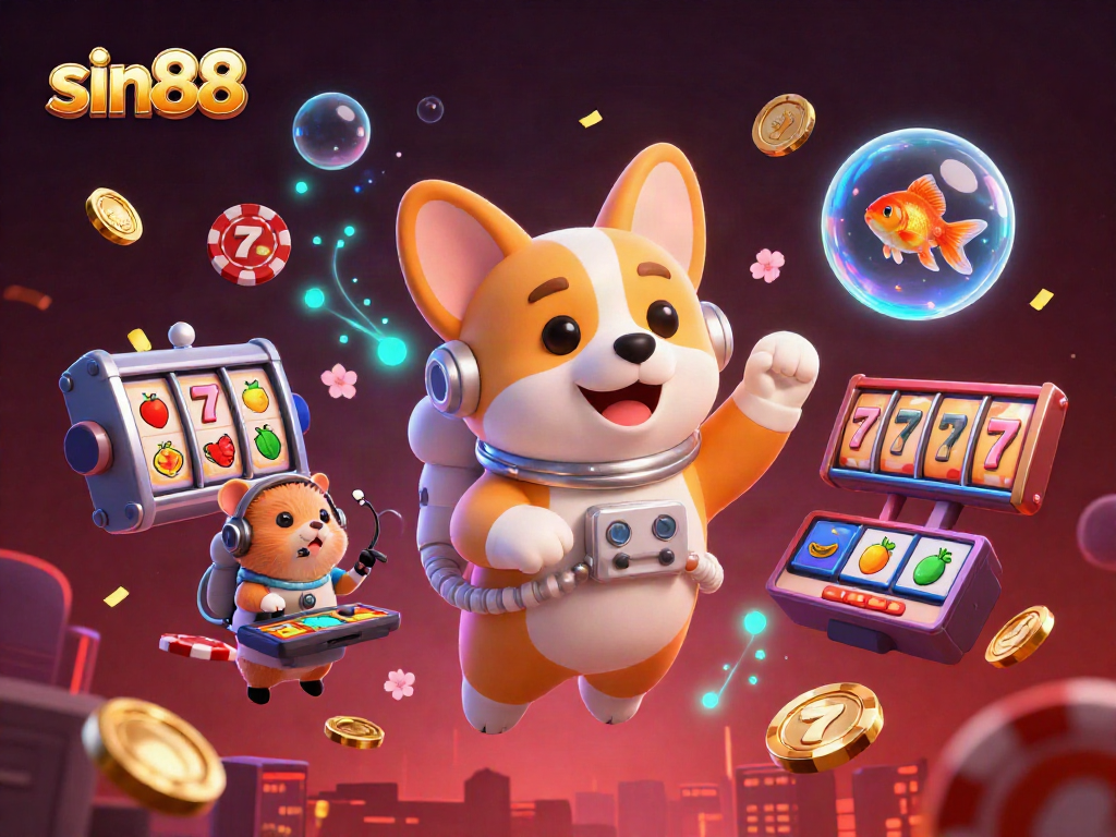 Spin to win at sin88 in this vibrant 3D casino scene with a floating corgi and slot machine elements.
