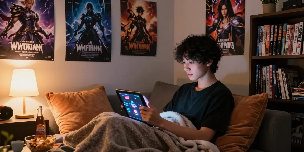 Enjoying hentai games on a tablet in a cozy room filled with fantasy art and snacks.