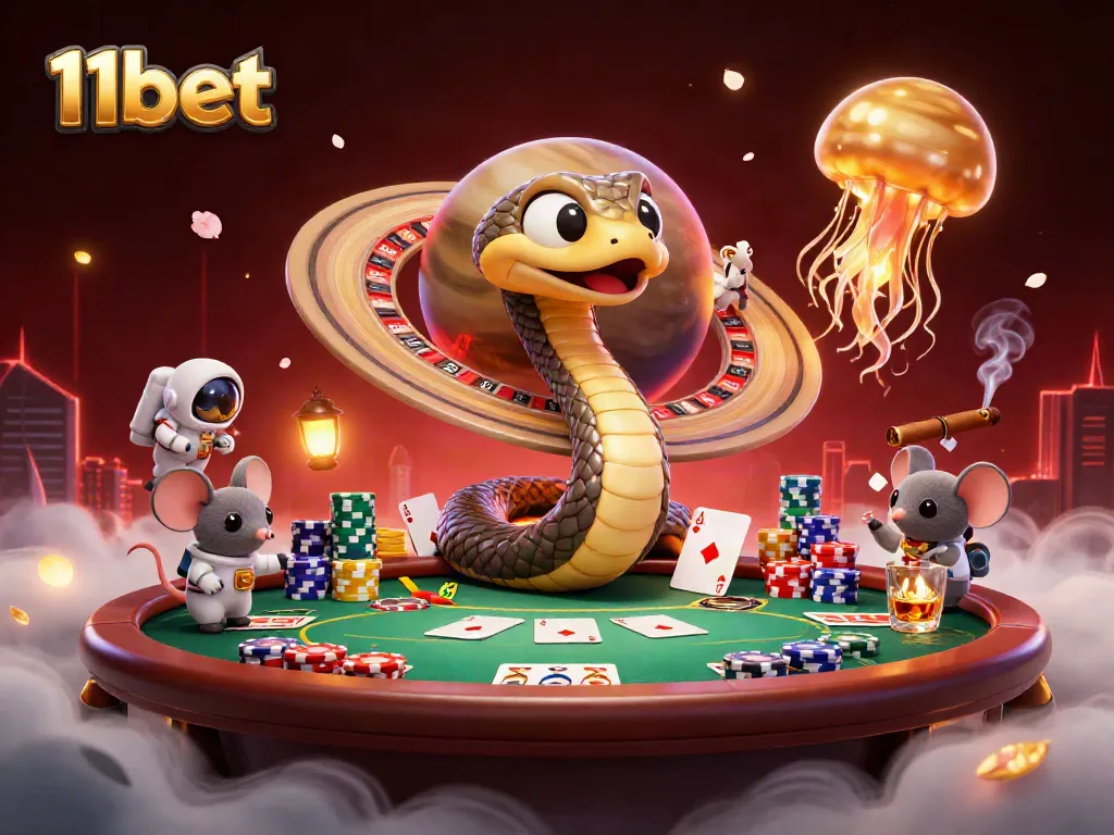 Engage with 11bet's thrilling casino scene featuring a roulette wheel and playful astronaut mice.