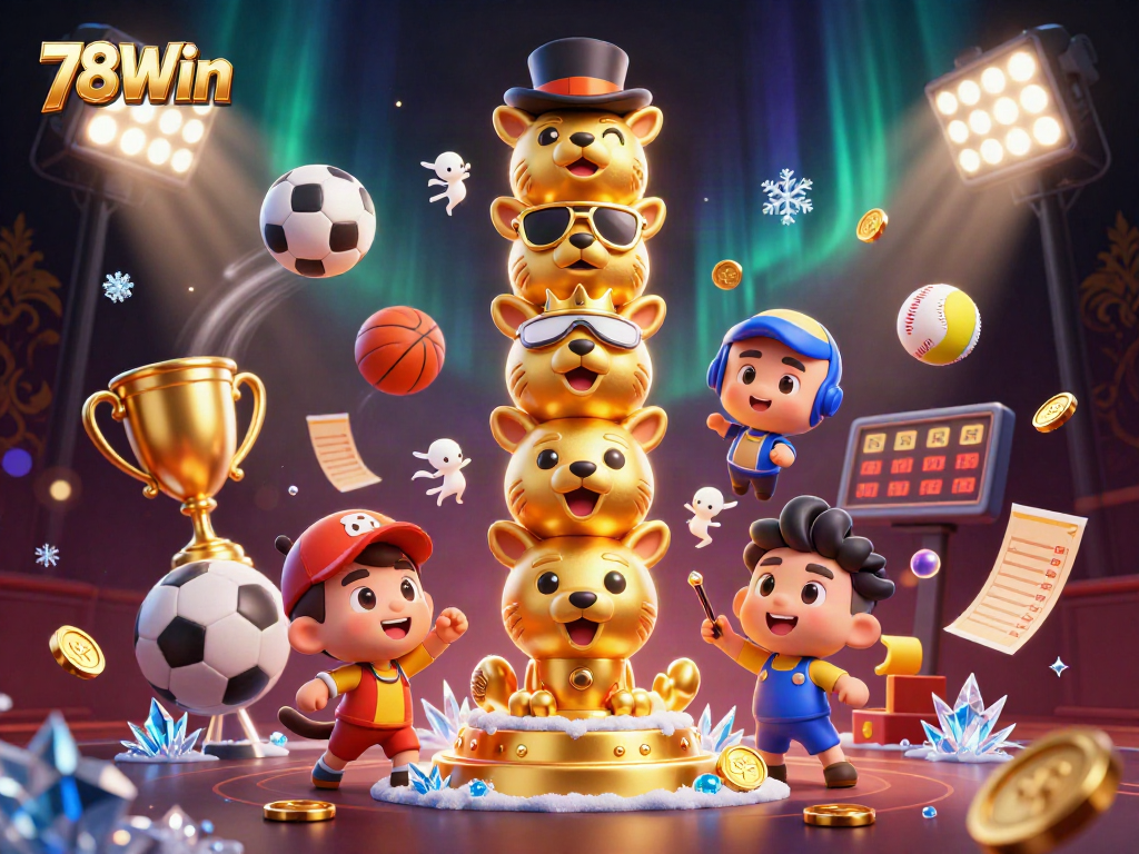 Experience thrilling gameplay with 78Win and a vibrant 3D animation of sports betting elements.