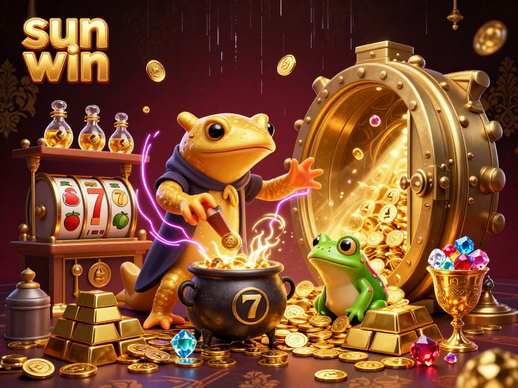 Experience the excitement of sun win in this vibrant casino-themed illustration featuring a gold-transmuting salamander.