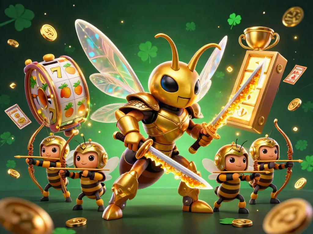 Experience thrilling wins with zbet's vibrant 3D illustration of a golden hornet samurai surrounded by slots and jackpots.