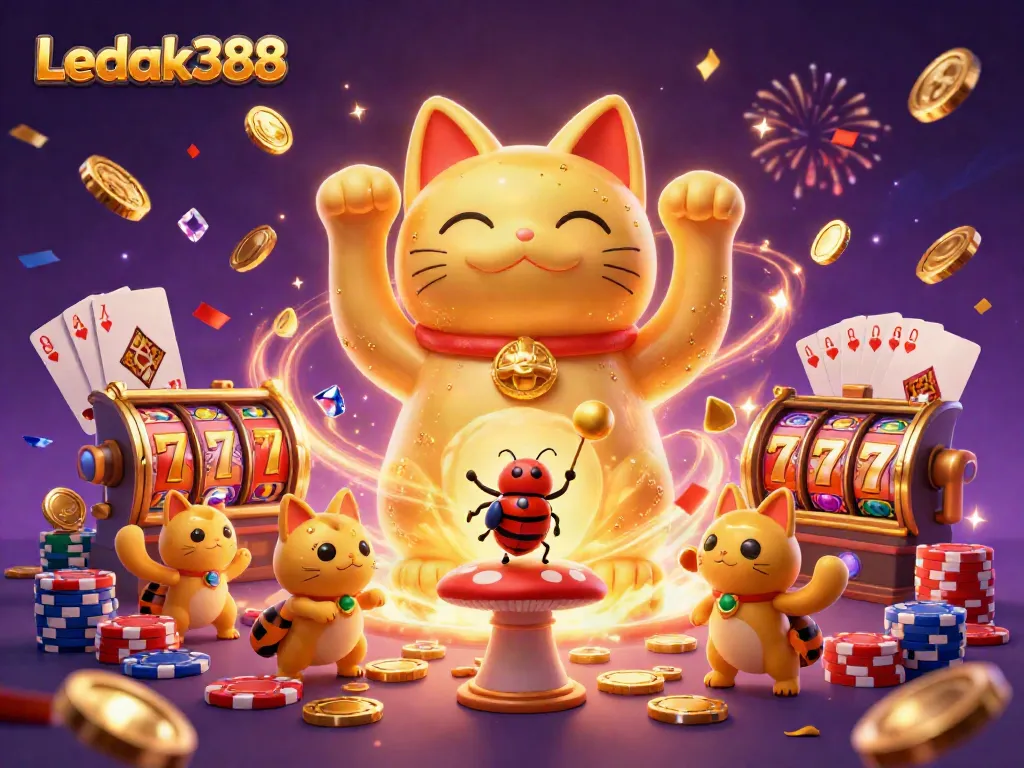 Experience magical wins with the Ledak388 lucky cat and vibrant casino symbols.