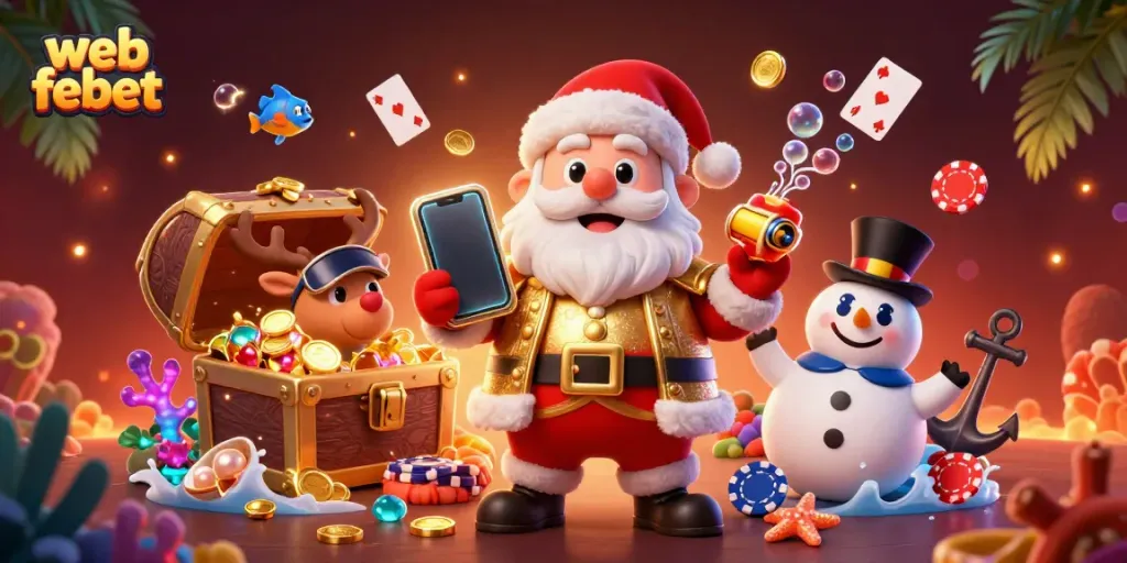 Experience the thrill of gambling at web febet with festive characters in a vibrant 3D casino.
