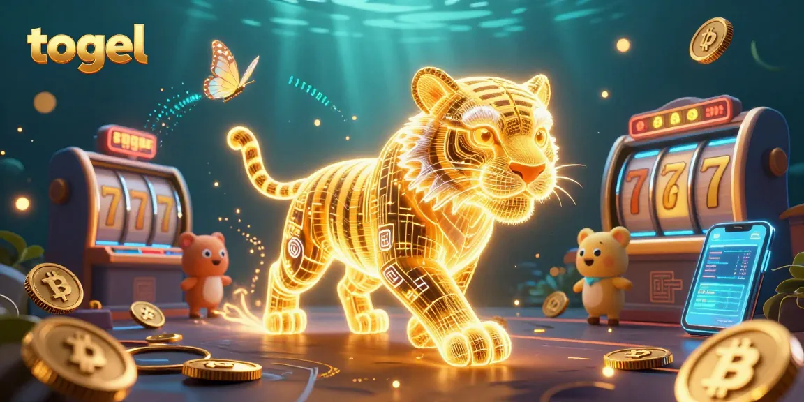 A vibrant 3D digital illustration depicting a neon-wireframe golden tiger in a slot-filled casino landscape, themed around togel.