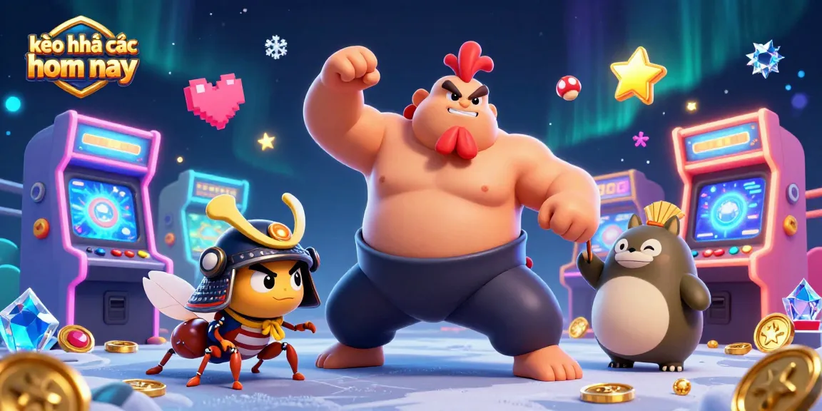 Engage with kèo nhà cái hôm nay through dynamic casino gaming scene featuring a powerful sumo rooster, fierce cricket, and tanuki announcer.