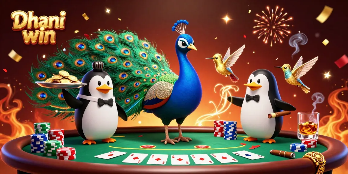 Dhani win showcases a lively gambling scene with a peacock, penguin, and hummingbird amidst poker elements.