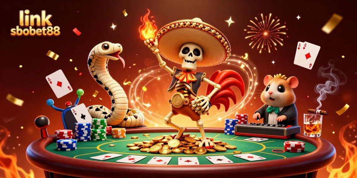Experience thrilling gameplay with link sbobet88 in a vibrant 3D casino scene featuring festive characters.