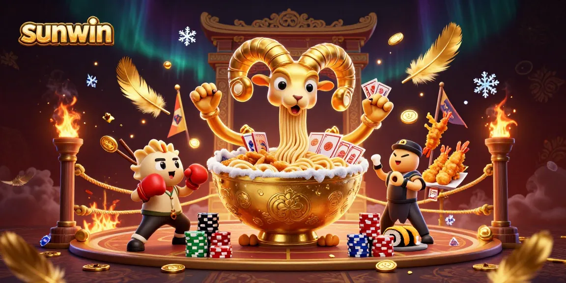 Engage with thrilling sunwin casino action featuring golden ramen bowl and colorful game characters.