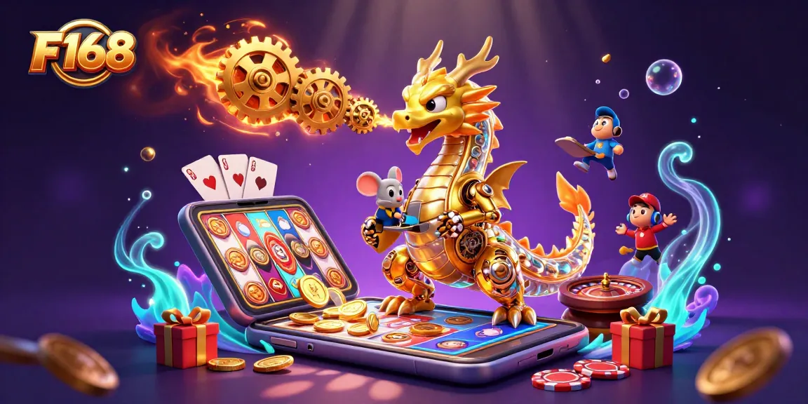 Experience thrilling action with F168's golden dragon and vibrant casino games in an immersive 3D scene.