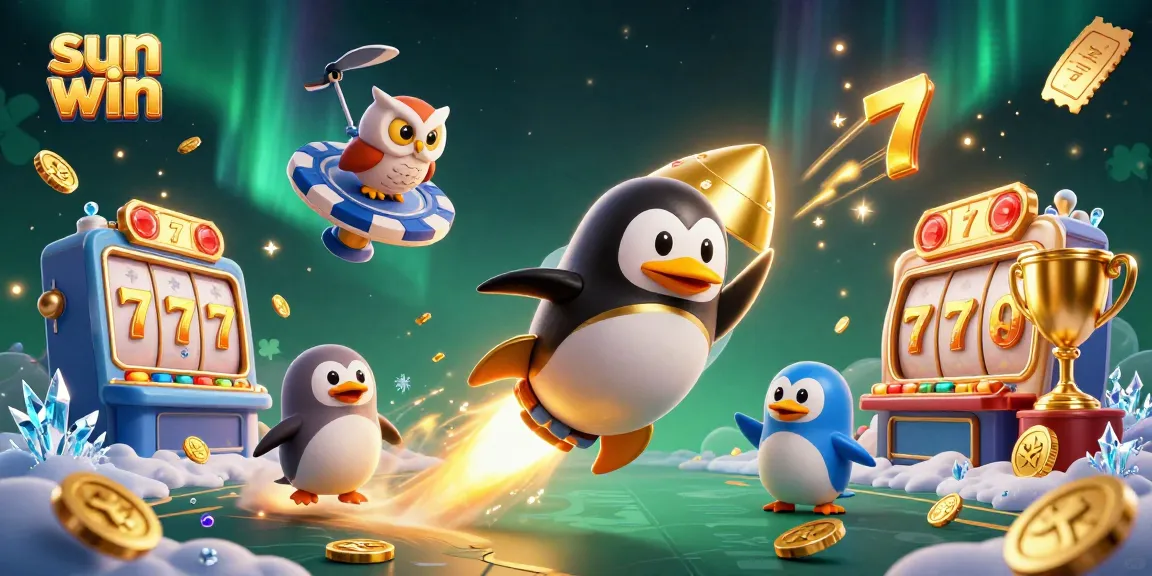 Enjoy the thrilling world of sun win with a golden penguin soaring towards a vibrant casino.