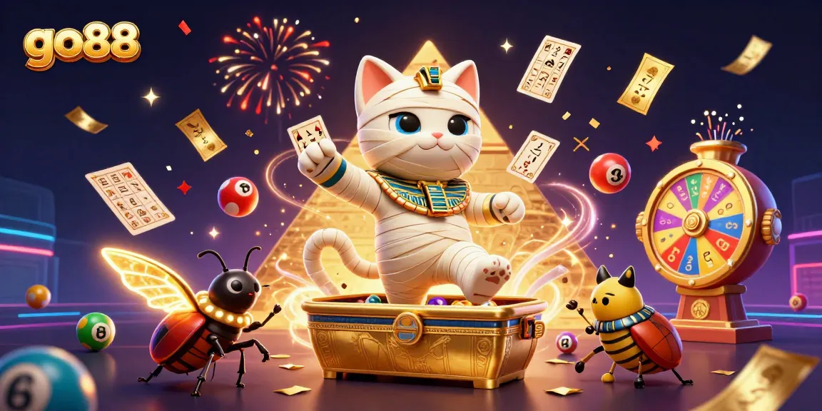 Experience thrilling gameplay at go88 with a magical scene featuring an Egyptian mummy cat, golden wings, and dynamic casino elements.