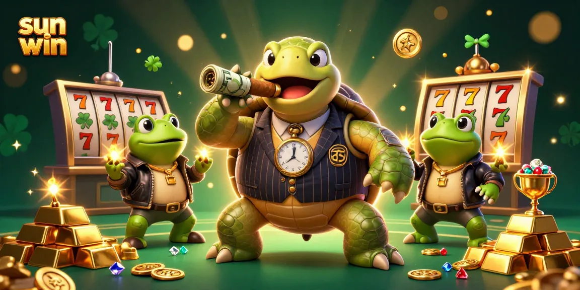 Join the sun win adventure with a snapping turtle and bullfrog enforcers in a vibrant casino scene.