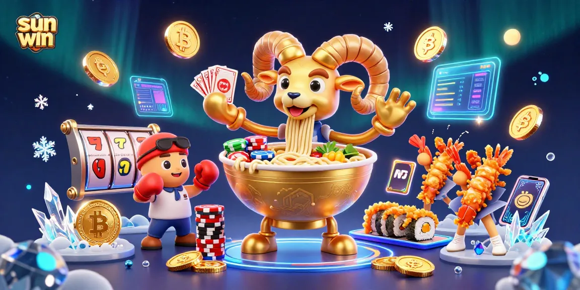 Experience the thrill of sun win as the golden ramen bowl stacks casino chips in a vibrant 3D scene.
